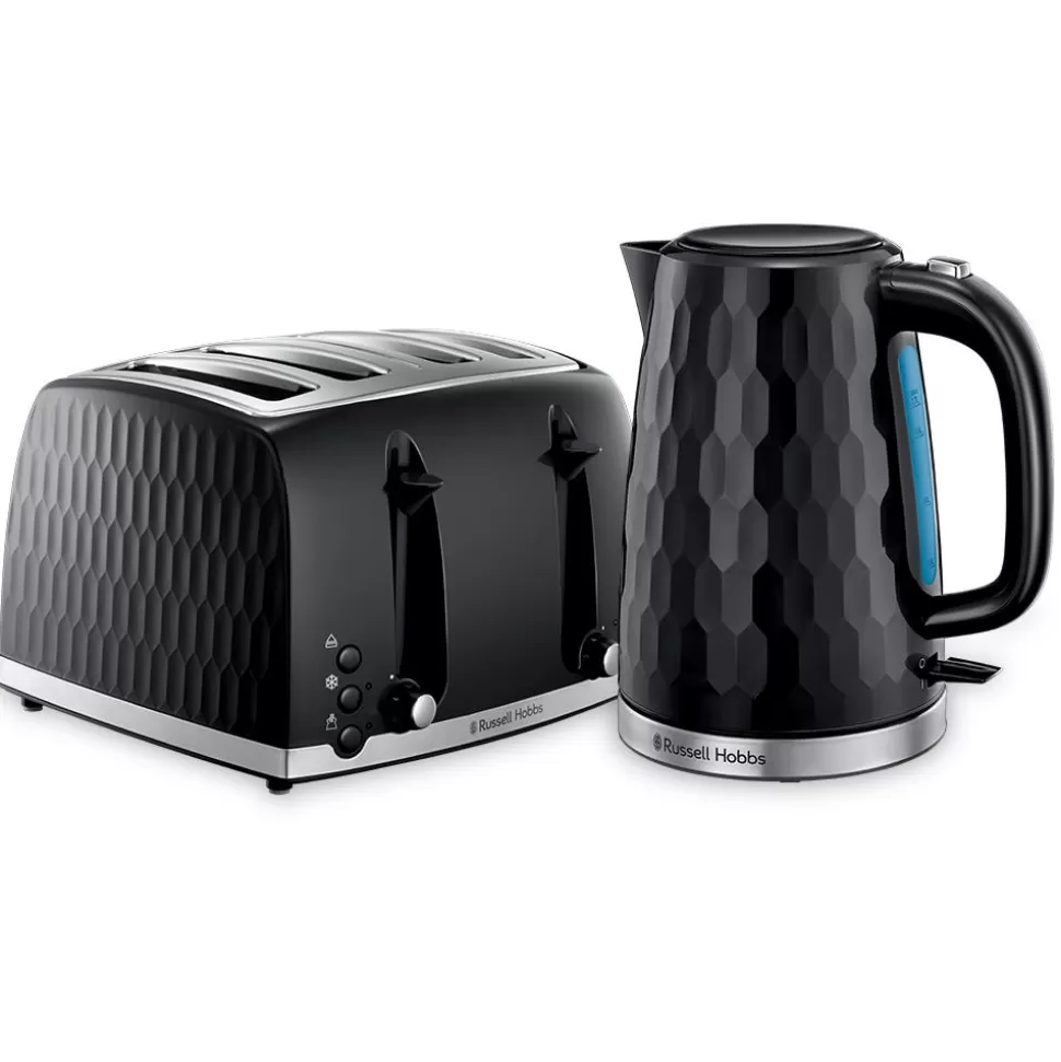 Honeycomb Black Kettle And 4 Slice Toaster Set | Russell Hobbs Sale