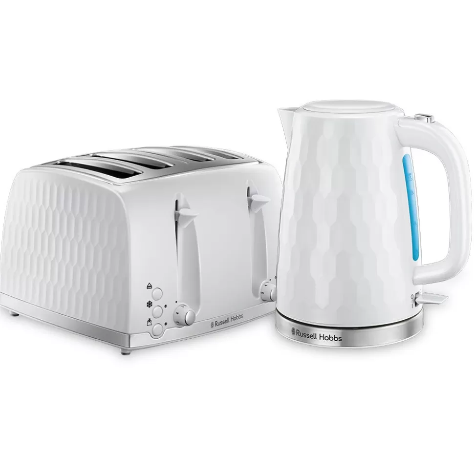 Honeycomb White Kettle And 4 Slice Toaster Set | Russell Hobbs Fashion