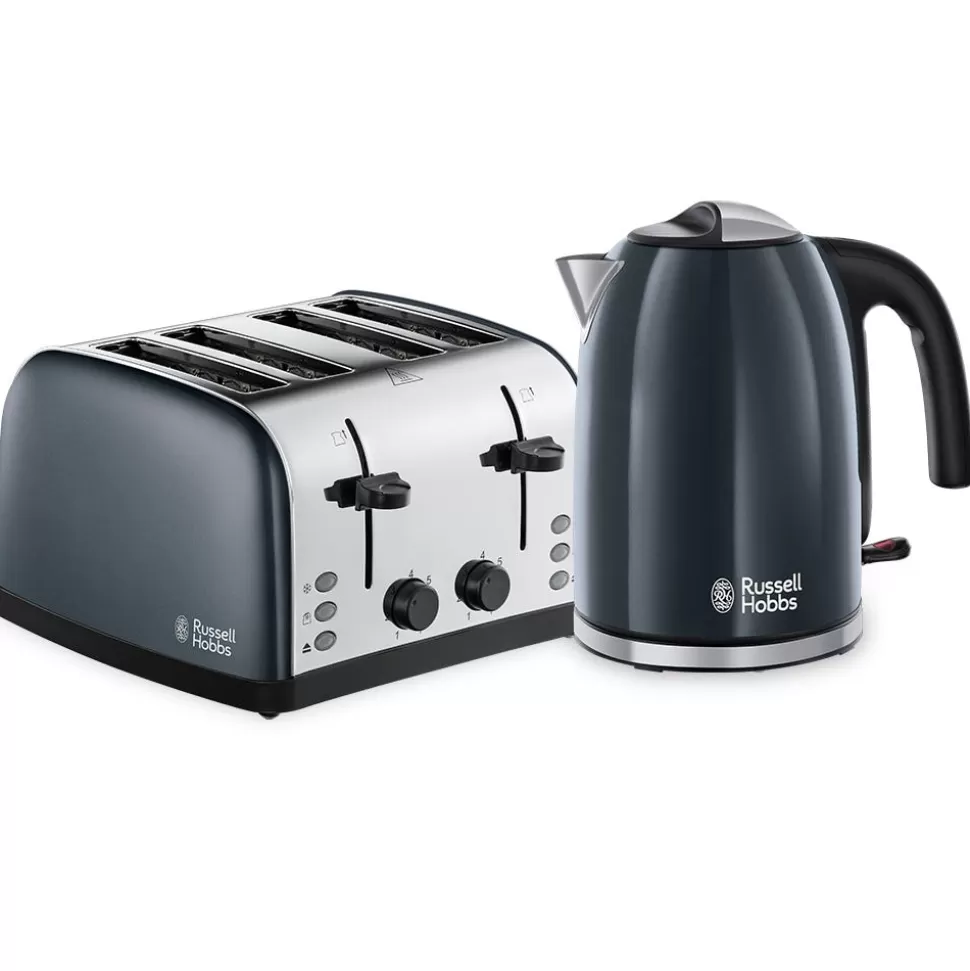 Stainless Steel Grey Kettle And 4 Slice Toaster Set | Russell Hobbs Cheap